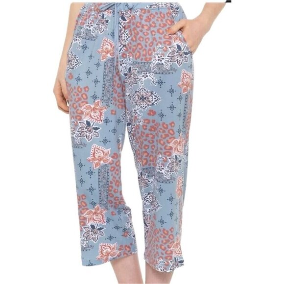 Jaclyn Intimates L Blue Floral Drawstring Waist Side Pockets Capri Sleep Pants - Picture 2 of 5